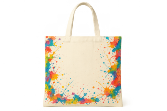 White canvas tote bag showcasing colorful paint splatter and watercolor splashes, vibrant artistic design, transparent background - Powered by Adobe