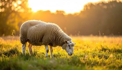 Sheep grazing in a sun drenched field during golden hour with soft bokeh background and warm sunlight filtering through trees