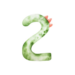 Cute dinosaur number two. Watercolor hand drawn prehistoric illustration for invitation card, nursery poster. Sketch on transparent background. Perfect for for nursery and baby shower, tropical design