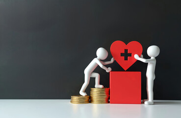 Two stick figures with red heart symbol. One climbs coins stack and another stands by health sign. Healthcare access inequality or medical financial issues concept. Medicine cost and wealth.