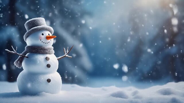 Snowman in the great outdoors being touched by falling snow. Ideal for projects requiring 