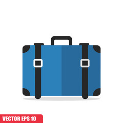 A blue suitcase with a black handle, black corner protectors, and black straps with white buckles, presented in a flat vector style.