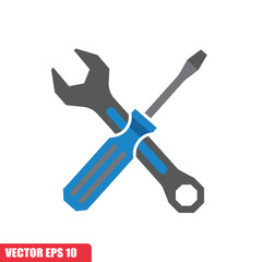 A gray wrench and a gray screwdriver with a blue and gray handle are crossed. The tools are angled, suggesting readiness for use.