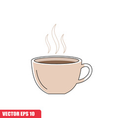 A beige coffee cup with a black outline, filled with brown coffee and steaming with three wisps of vapor. Simple, clean design.