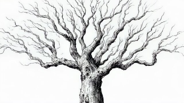 A detailed, stylized black and white illustration of a tree's stark, leafless branches