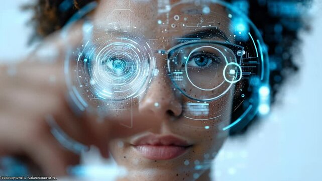 woman working with virtual computer, futuristic background