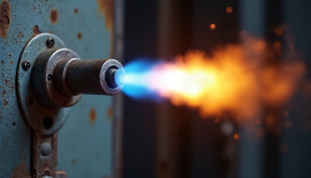 Industrial gas burner ejects powerful blue, orange flame. Torch nozzle heats metal with intense thermal energy. Combustion process inside rusty old furnace. Sparks fly from hot fire jet in factory