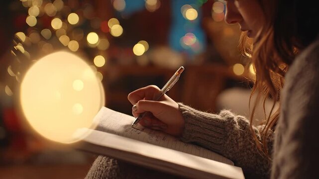 A woman writes in a notebook while enjoying the cozy ambiance created by twinkling lights of a Christmas tree. The festive scene captures the woman&rsquo;s focused moment of reflection a