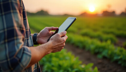 Farmer checks crops on mobile phone at sunrise. Man uses smartphone app in field managing smart farm with technology. Early morning agricultural work with modern tools.