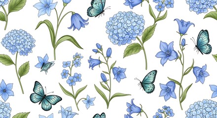 Blue Floral Pattern with Butterflies - A Serene and Elegant Design.