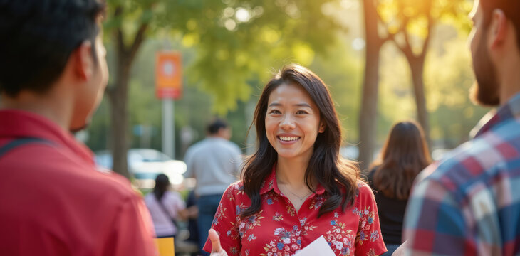 Smiling young Asian woman talks to two men outdoors. Holds paper. People gather in sunny park setting. Shows friendly communication, community outreach, public engagement for social connection.