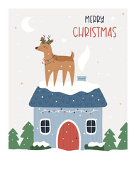 Cute Christmas Reindeer on House Roof, Cozy Winter Holiday Illustration with Snow and Scandinavian Style