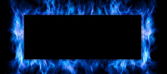 Blue flame frame on dark background. Copy space for text and advert. Generative AI technology.