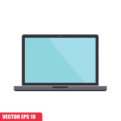 Front view of a modern laptop with a light blue screen, dark gray body, and a small, circular webcam centered above the display.