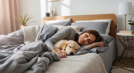 Peaceful morning scene of a woman and her golden retriever puppy sleeping soundly together in a cozy bed.