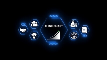 Business concept icons handshake teamwork lightbulb growth chart money calculator target document on black background with blue neon glow