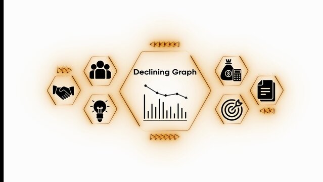 Business concept infographic with declining graph and icons for teamwork finance idea target and document