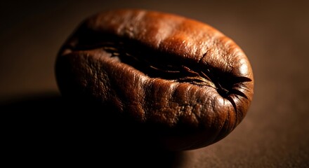 Close-up of a Dark Brown Coffee Bean on Brown Surface