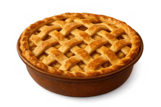 Classic homemade apple pie on transparent background, featuring golden lattice crust and baked fruit dessert