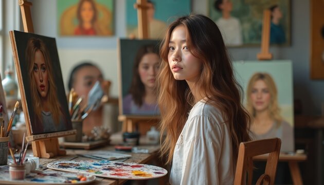 Young asian woman sits in art studio near easel with portrait painting. She looks thoughtfully at camera surrounded by art supplies, canvases, artwork. Natural light illuminates creative workspace. - Powered by Adobe