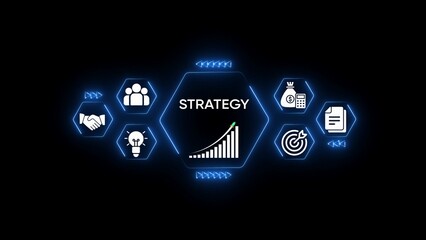 Fototapeta premium Digital strategy concept with icons for teamwork growth finance and goals on dark background business