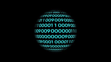 Glowing blue binary code numbers forming a sphere on a black background globe