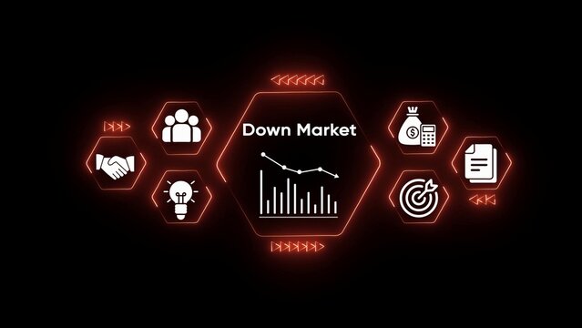 Down Market financial graph with icons for business strategy teamwork money and goals chart finance