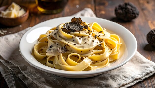 Handmade tagliatelle tossed with truffle cream sauce and shaved truffle.