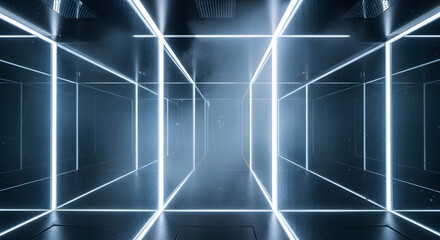 Illuminated cube tunnel with a futuristic and modern design creating a sense of depth and perspective
