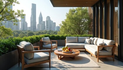 Fototapeta premium Balcony view overlooking city. Modern outdoor furniture sets stage for relaxation on terrace. Lounge seating area offers stunning urban panorama. Plants adorn contemporary balcony with skyscrapers in