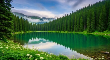 Stunning mountain lake reflecting a dense pine forest under a cloudy sky, with vibrant green foliage in the foreground creating a serene natural landscape