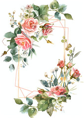 Watercolor floral arrangement with pink roses and a geometric golden frame on white background