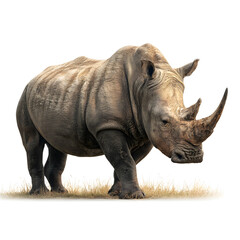 Fototapeta premium Majestic Rhinoceros: A solitary rhinoceros, a symbol of power and resilience, stands proudly in a natural setting. Its formidable horn and sturdy build.