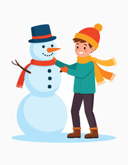 A young boy builds a snowman, adding a carrot nose. The snowman wears a hat and scarf.