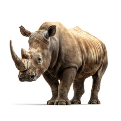 Obraz premium Majestic rhinoceros: A detailed view of a powerful rhinoceros, displaying its formidable horn and textured skin, a symbol of wildlife's strength and resilience.