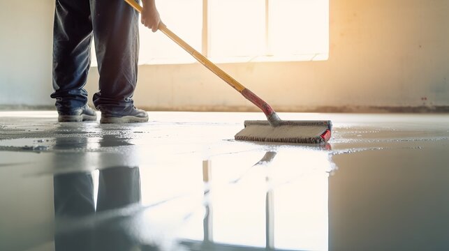 Master with needle roller for new screed concrete with mixture of cement for leveling for floors with sunlight, building renovation banner, close up hand 