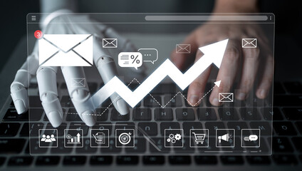 An AI assistant displays a dashboard with real-time email marketing analytics. The system visualizes campaign growth, tracks performance metrics, and measures success. Fermion