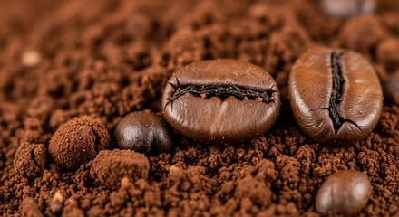 Close-up of Coffee Beans on Ground Coffee with Rich Brown Colors