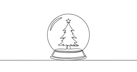 Snow globe icon. Black Christmas snow globe with a Christmas tree, written in one continuous line. Vector illustration of holiday