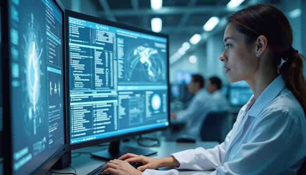 Woman works with computer at desk in lab. Female science professional types on keyboard. She wears white coat in tech facility. Engineers work in background at monitor displays.