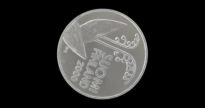 Obverse of Finland coin 10 penni 2000, isolated in black background. Loopable animation in 4k resolution video