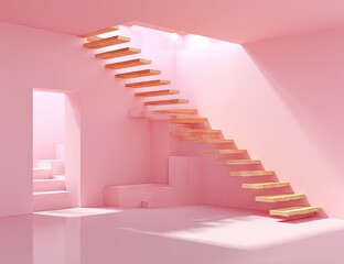 Minimalist pink interior with wooden floating staircase and doorway.