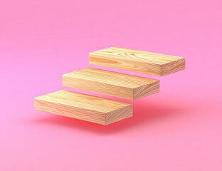 Wooden steps rise against a soft pink background.