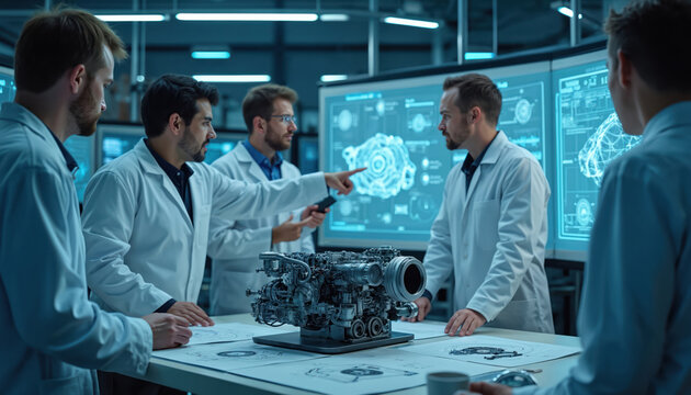 Group of engineers in white coats discuss industrial engine prototype. Team of scientists analyzes blueprints, 3D model on digital screen. Professionals collaborate on innovative automotive tech - Powered by Adobe