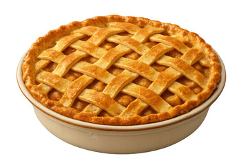 Freshly baked apple pie with golden lattice crust in ceramic baking dish, traditional dessert or comfort food