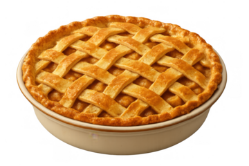 Freshly baked apple pie with golden lattice crust in ceramic baking dish, traditional dessert or comfort food
