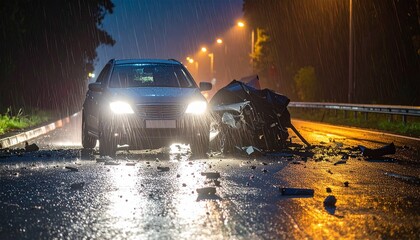 Nighttime car crash scene with debris on wet road under emergency lights.