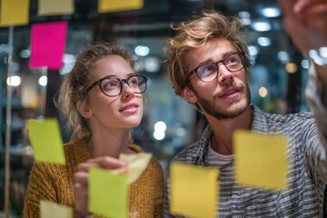Group of young professionals collaborating during brainstorming session, using colorful sticky notes on glass wall in modern office.