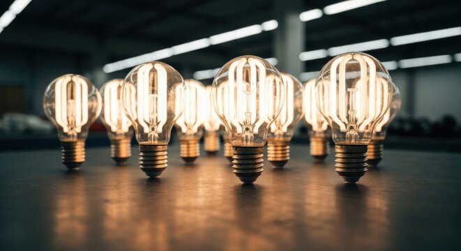 A cluster of glowing light bulbs on a reflective surface, industrial background