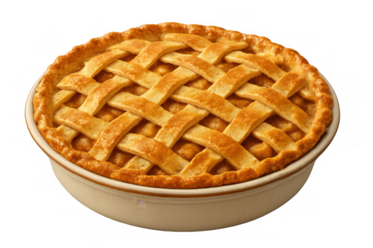 Freshly baked apple pie with golden lattice crust in ceramic baking dish, traditional dessert or comfort food